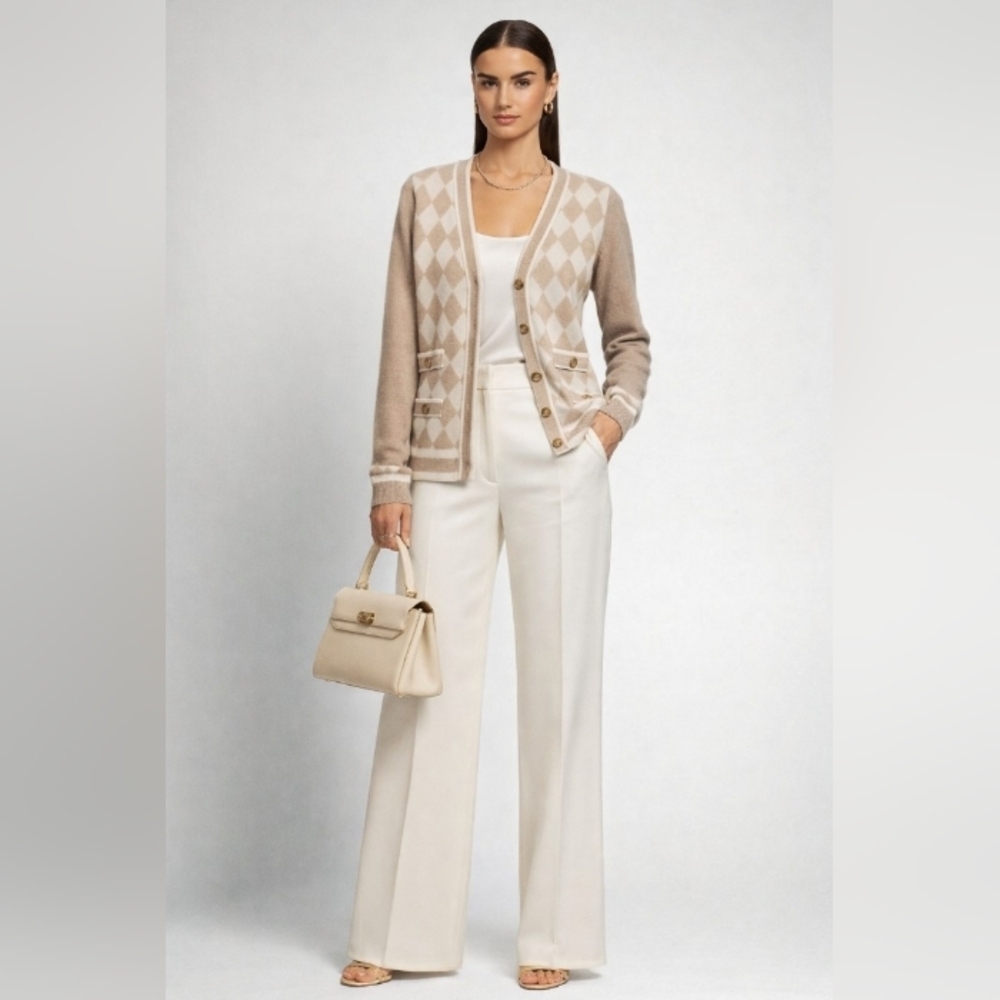 Luisa Spagnoli Italian Wool Angora Beige  Cream Argyle Classic Cardigan Small